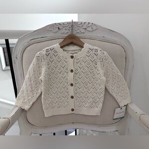🦢 12 Mth Organic Cotton Ivory Knit Eyelet Cardigan Sweater With Scallop Trim NWT